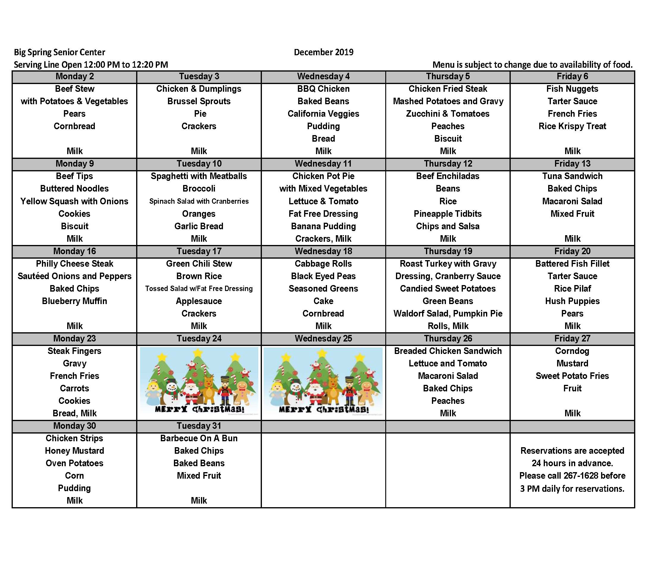 December 2019 Menu